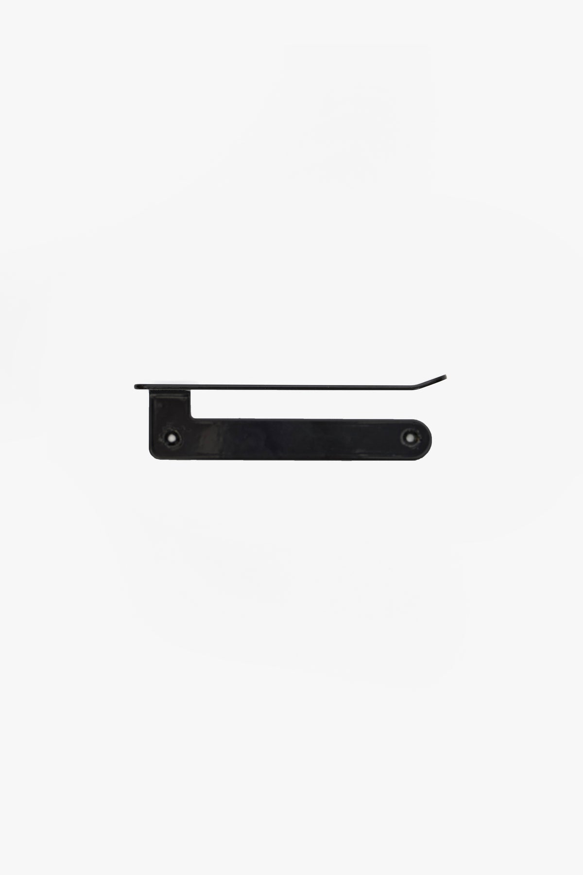 CLAIR toilet paper holder in powder coated steel, front view of the rounded plate and roll arm with a soft sheen, black